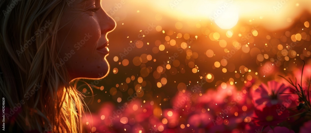 A woman's face, closely framed, with sunflowers in the foreground and the sun behind A woman's face, closely framed, with sunflowers in the foreground and the sun behind