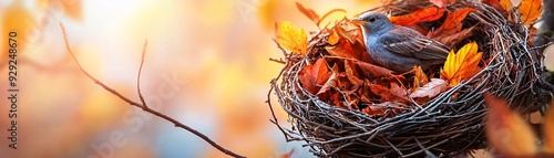 Bird nest in a Fall season. Birdhouse with egg with copy space background photo