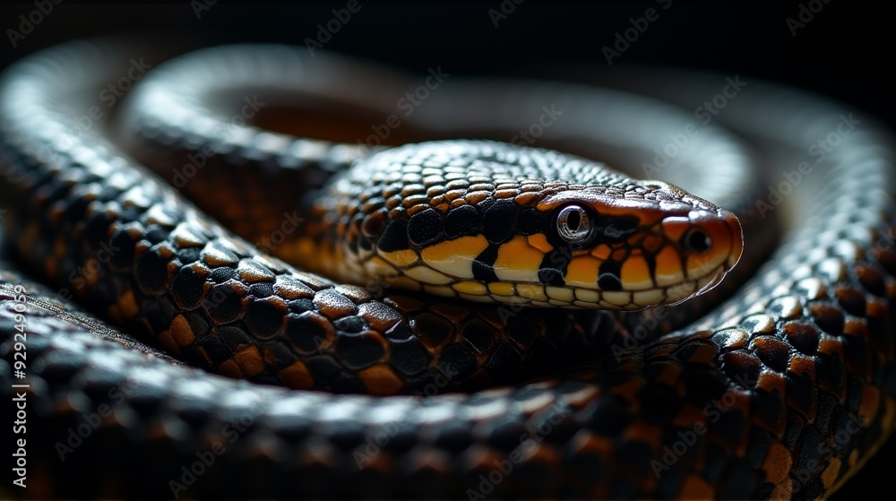 A close-up of a coiled snake with intricate scales and focused eyes, showcasing the detailed texture and natural beauty of this reptile. A close-up of a coiled snake with intricate scales and focused eyes, showcasing the detailed texture and natural beauty of this reptile.