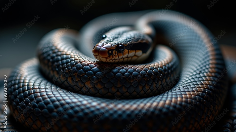 A close-up of a coiled snake with intricate scales and focused eyes, showcasing the detailed texture and natural beauty of this reptile. A close-up of a coiled snake with intricate scales and focused eyes, showcasing the detailed texture and natural beauty of this reptile.