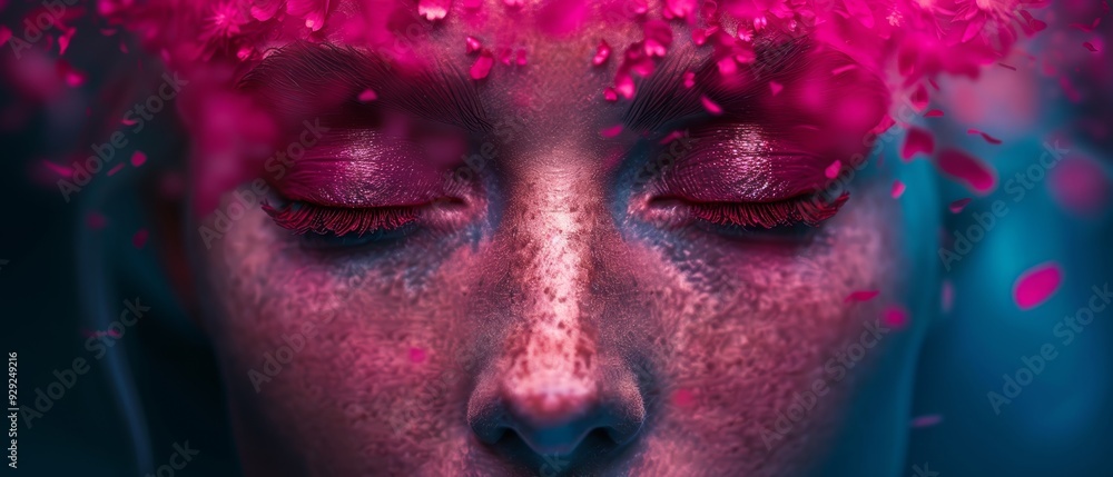 A woman's face, eyes shut, with hair swaying in the wind and pink petals gently touching her cheeks A woman's face, eyes shut, with hair swaying in the wind and pink petals gently touching her cheeks