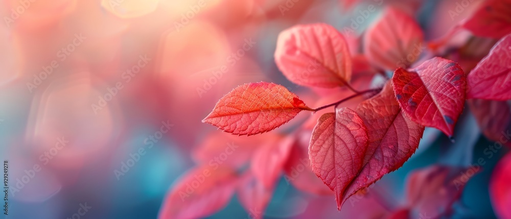 A tight shot of a red leaf against a softly blurred backdrop of blue, pink, and green foliage A tight shot of a red leaf against a softly blurred backdrop of blue, pink, and green foliage