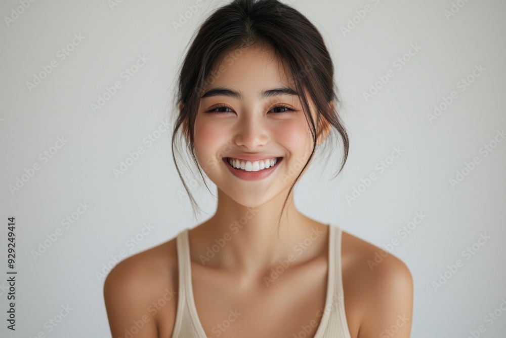 Beautiful young Asian woman smiling and happy created with Generative AI Beautiful young Asian woman smiling and happy created with Generative AI