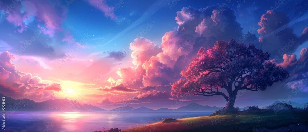A sunset painting with a tree in the foreground and a body of water reflecting its colors A sunset painting with a tree in the foreground and a body of water reflecting its colors