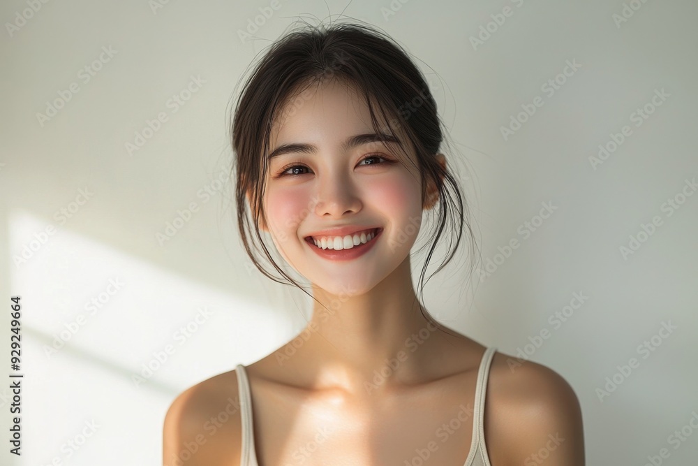 Beautiful young Asian woman smiling and happy created with Generative AI Beautiful young Asian woman smiling and happy created with Generative AI
