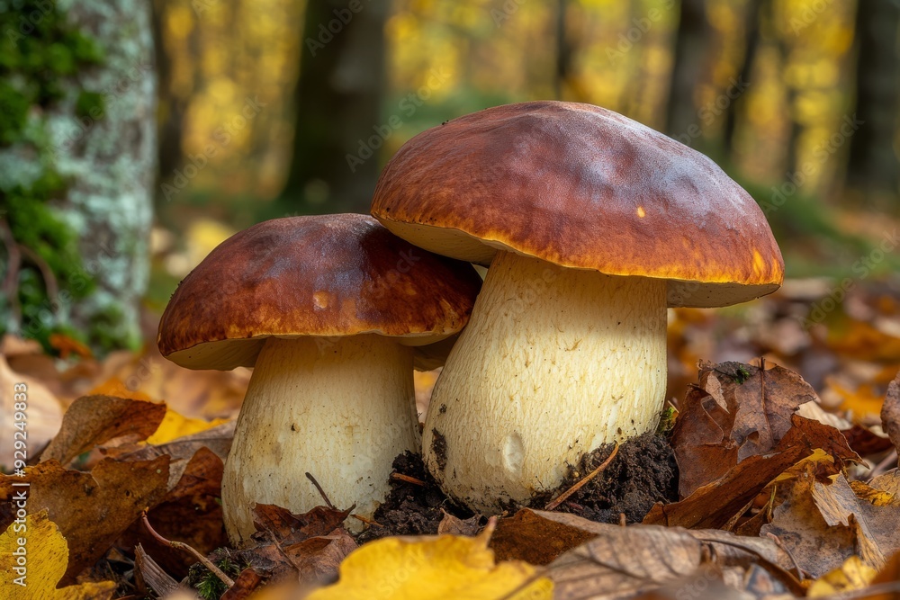 In a tranquil autumn forest, beautiful mushrooms are thriving amidst the fallen leaves, showcasing natures beauty In a tranquil autumn forest, beautiful mushrooms are thriving amidst the fallen leaves, showcasing natures beauty