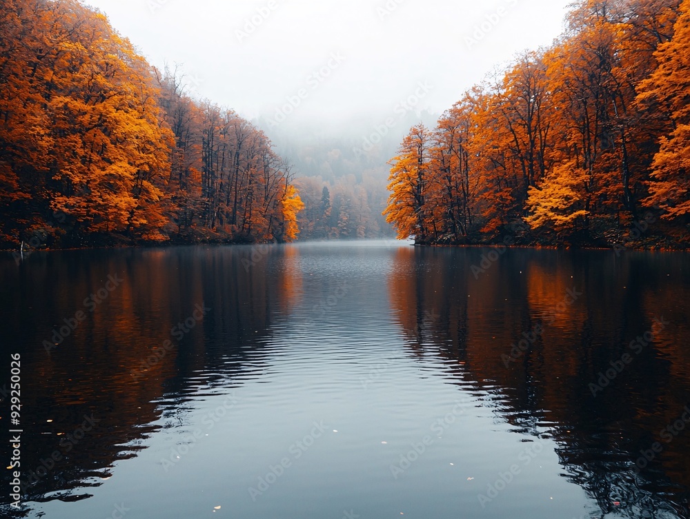 Obraz premium Fall leaves in Autumn season. Lake and river outdoor foliage scenery with free copy space