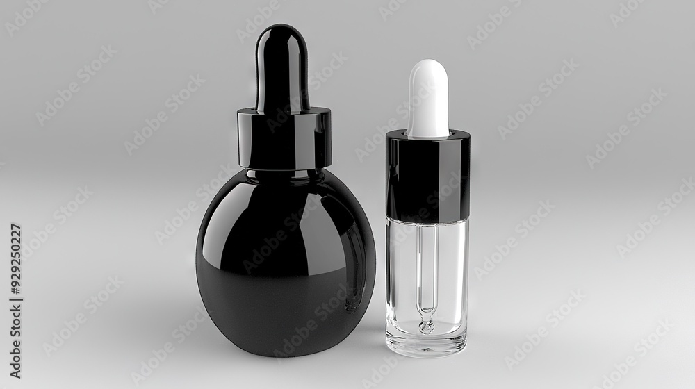 Black bottles with white caps on gray background Black bottles with white caps on gray background