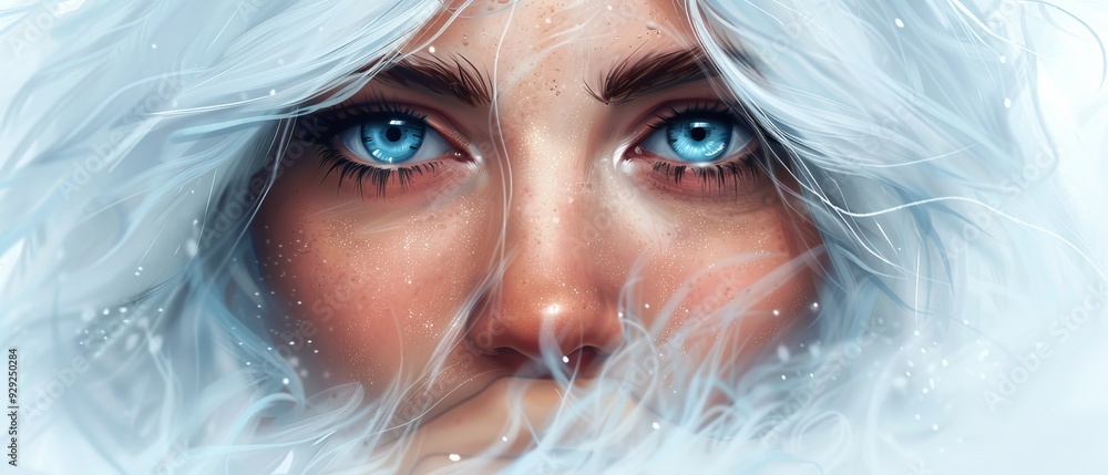 Woman with long white hair, blue eyes, and snow on her face Woman with long white hair, blue eyes, and snow on her face