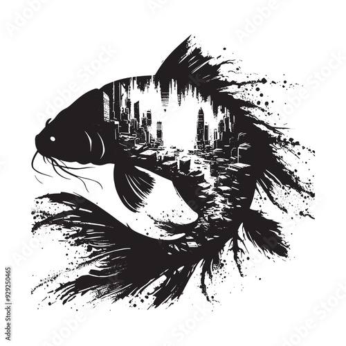 silhouette of carp fish filled with destroyed futuristic dystopia environment in rough drawing