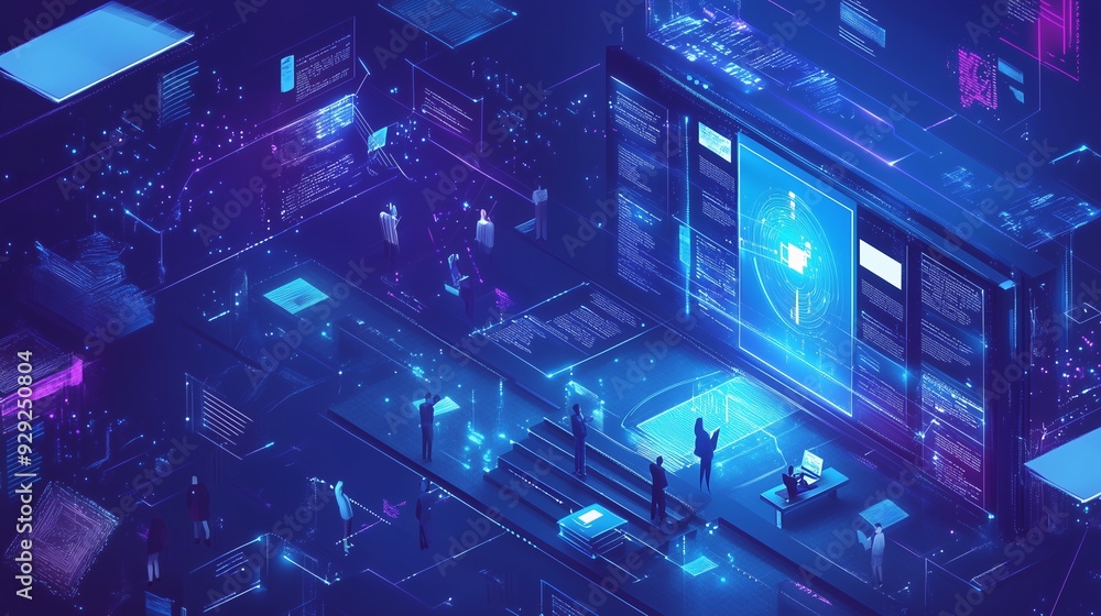A futuristic digital environment with people interacting and advanced technology displays. A futuristic digital environment with people interacting and advanced technology displays.
