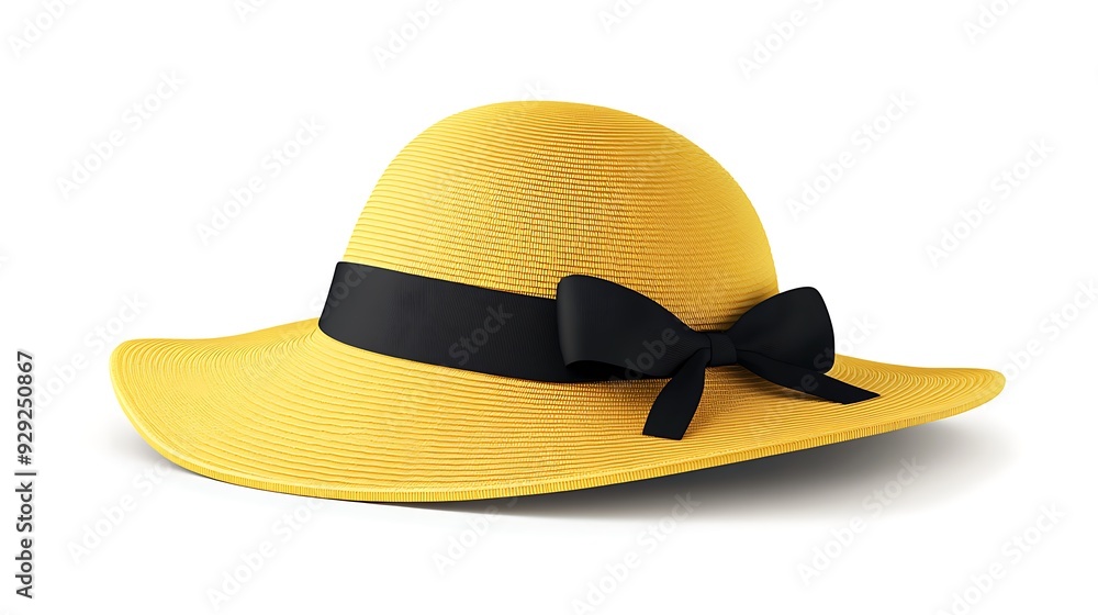 A yellow sun hat with a black ribbon and bow. A yellow sun hat with a black ribbon and bow.