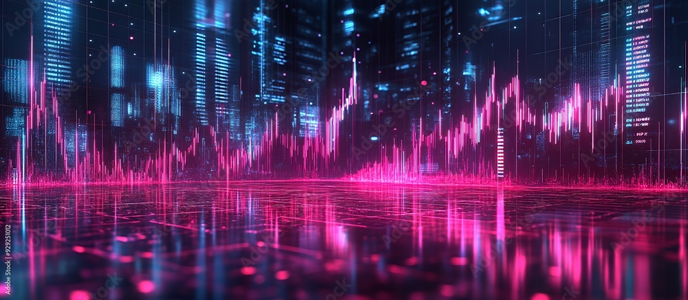 A futuristic digital landscape featuring vibrant pink data visualizations and reflections. A futuristic digital landscape featuring vibrant pink data visualizations and reflections.