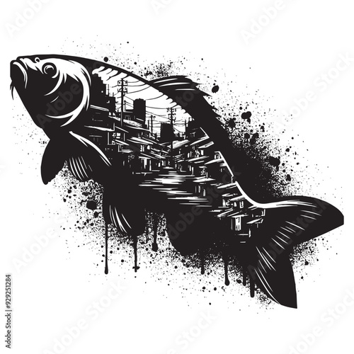silhouette of carp fish filled with ghetto street in rough drawing