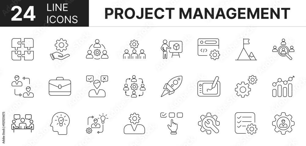 Collection of 24 project management line icons featuring editable strokes. These outline icons depict various modes of project management, statistic, check, gear, employee, Collection of 24 project management line icons featuring editable strokes. These outline icons depict various modes of project management, statistic, check, gear, employee,