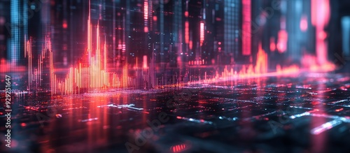 A futuristic digital landscape with vibrant data visualizations and glowing elements.