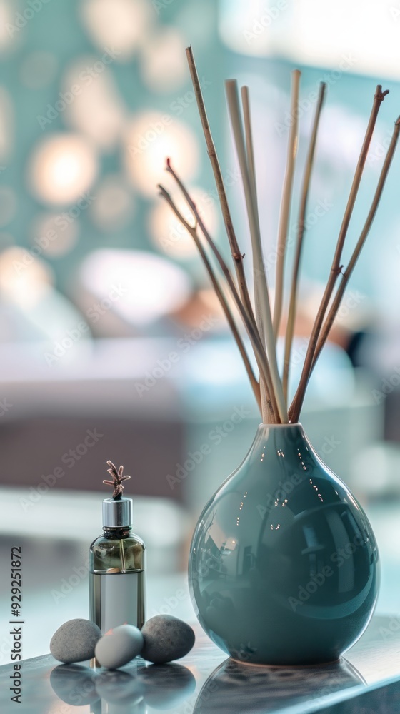 The elegant ceramic vase holds slender reed sticks, resting beside a small oil bottle and stones, enhancing the modern decor of a bright room The elegant ceramic vase holds slender reed sticks, resting beside a small oil bottle and stones, enhancing the modern decor of a bright room