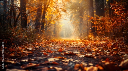 Serene autumn path covered with fallen leaves, winding through a wooded forest. Warm leaf tones and soft sunlight create a tranquil, inviting atmosphere for a fall-themed wallpaper.