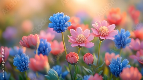 Beautiful mix of pink and blue flowers in a soft sunset light, creating a vibrant and harmonious composition. Ideal for spring or summer themes. photo