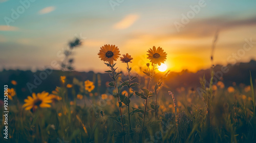 Field of flowers at sunset and dawn spring summer background with bright beautiful flowers