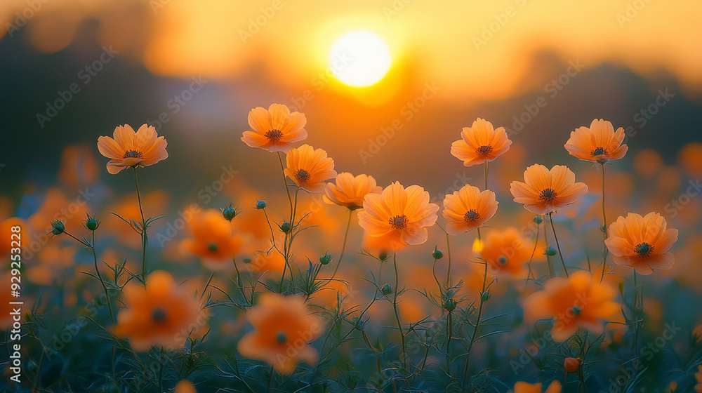 Field of flowers at sunset and dawn spring summer background with bright beautiful flowers Field of flowers at sunset and dawn spring summer background with bright beautiful flowers