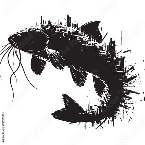 silhouette of Catfish filled with destroyed futuristic dystopia environment in rough drawing