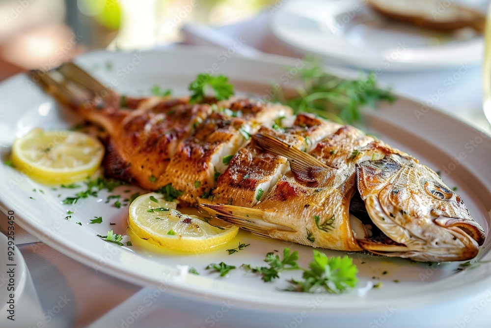 Grilled whole fish garnished with fresh herbs and lemon slices on a white plate Grilled whole fish garnished with fresh herbs and lemon slices on a white plate