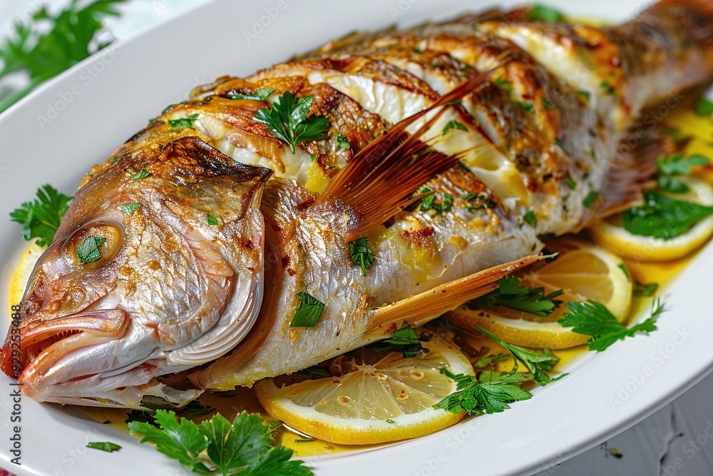 Grilled whole fish garnished with fresh herbs and lemon slices on a white plate Grilled whole fish garnished with fresh herbs and lemon slices on a white plate