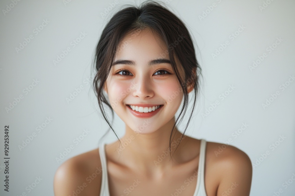 Beautiful young Asian woman smiling and happy created with Generative AI Beautiful young Asian woman smiling and happy created with Generative AI