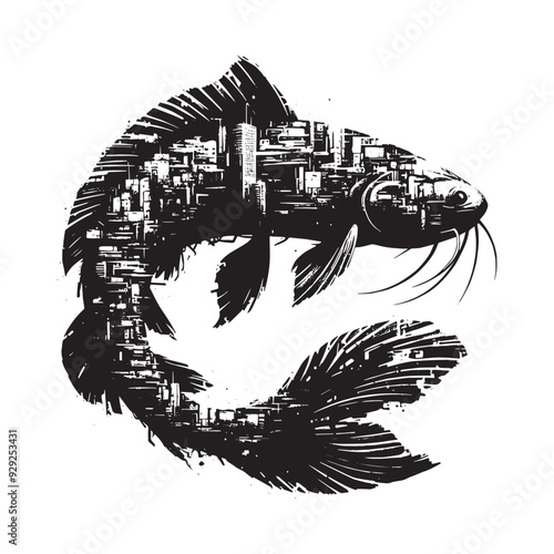 silhouette of Catfish filled with destroyed futuristic dystopia environment in rough drawing