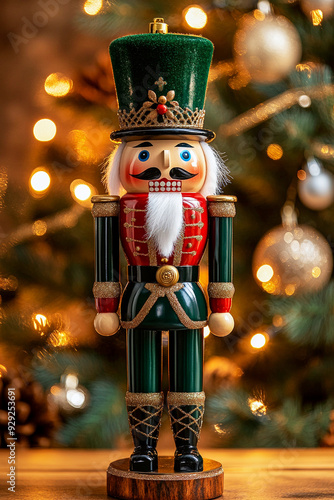 Christmas nutcracker figurine against beautifully decorated Christmas tree, personifying traditional style of Christmas decorations. Vertical. Generative AI