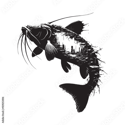 silhouette of Catfish filled with destroyed futuristic dystopia environment in rough drawing