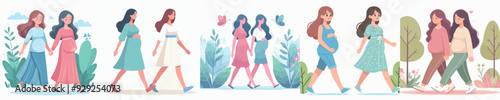 vector set of two pregnant women walking