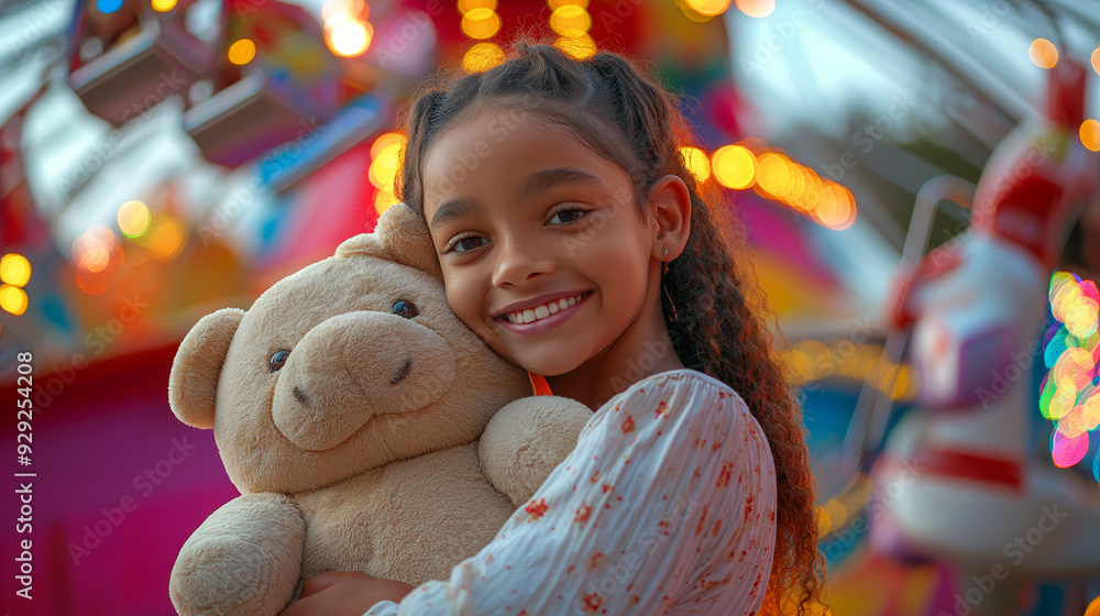 Happy Girl Holding Teddy Bear at Colorful Carnival Happy Girl Holding Teddy Bear at Colorful Carnival