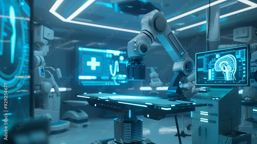 A futuristic laboratory featuring robotic technology and advanced medical equipment. A futuristic laboratory featuring robotic technology and advanced medical equipment.