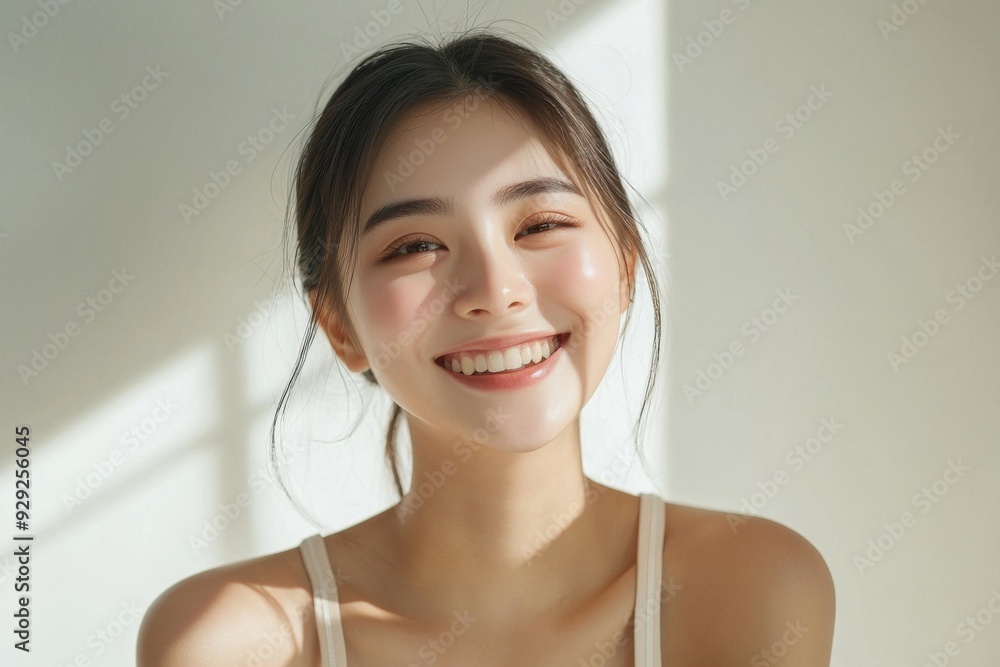 Beautiful young Asian woman smiling and happy created with Generative AI Beautiful young Asian woman smiling and happy created with Generative AI