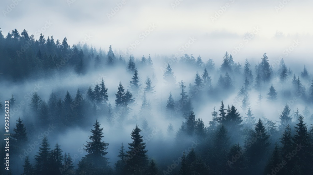 A misty forest landscape shrouded in fog, creating a serene and mysterious atmosphere. A misty forest landscape shrouded in fog, creating a serene and mysterious atmosphere.