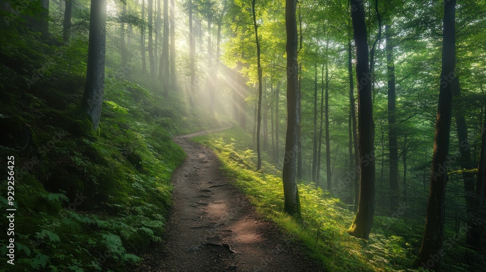 Obraz premium Sun Rays Through a Forest Path