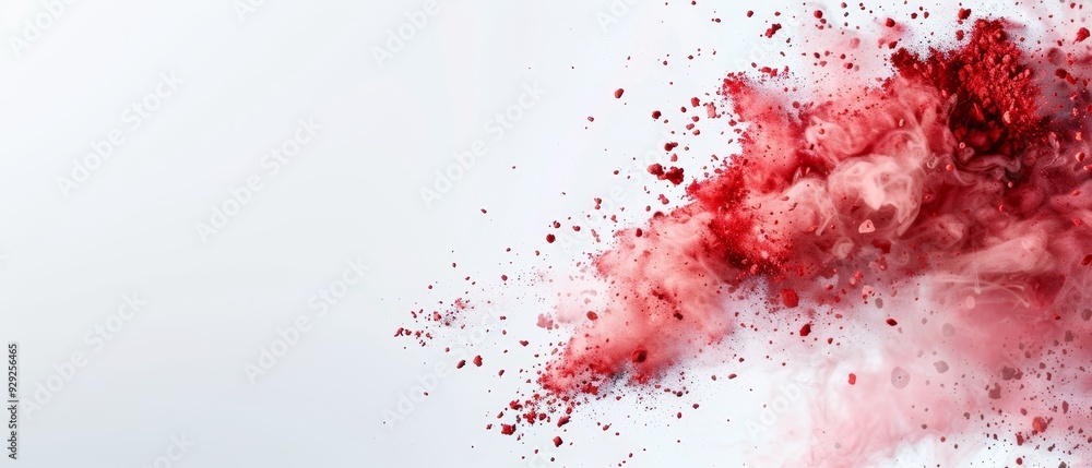 A red substance hovers against a white backdrop; a light blue sky lies in the distance A red substance hovers against a white backdrop; a light blue sky lies in the distance