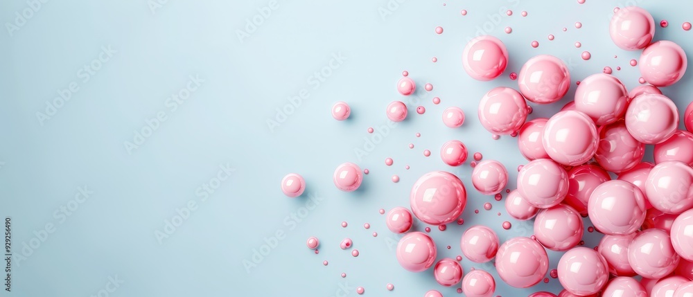 A collection of pink balloons hover above a light blue body of water, their undersides dotted with water droplets A collection of pink balloons hover above a light blue body of water, their undersides dotted with water droplets