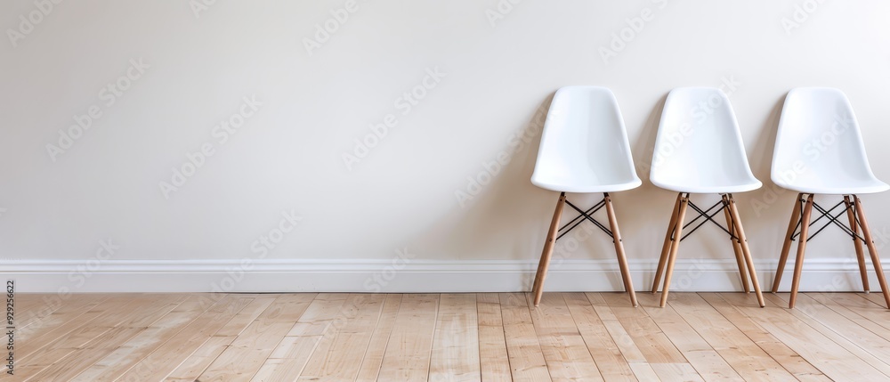 Three white chairs aligned on a hardwood floor, facing a pristine white wall Three white chairs aligned on a hardwood floor, facing a pristine white wall