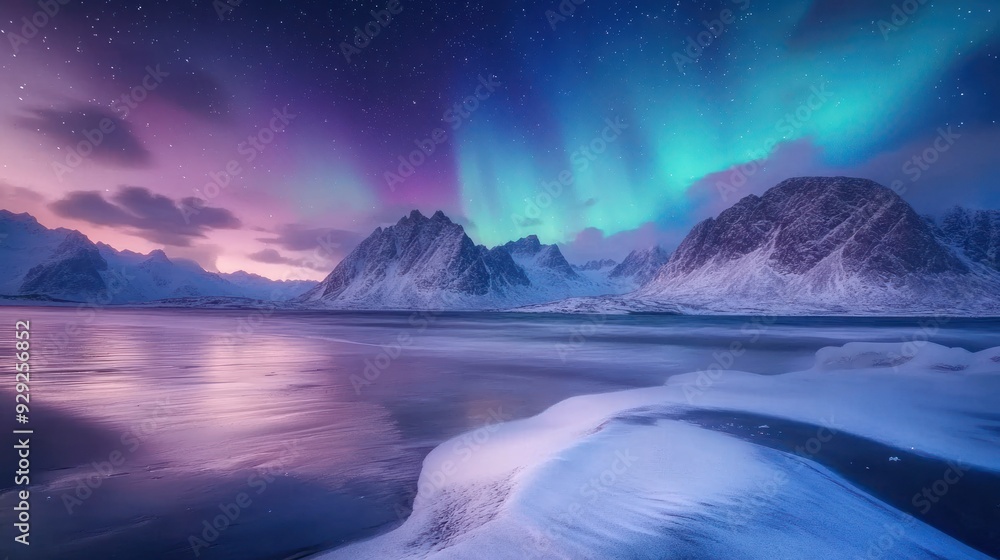 Naklejka premium Aurora Borealis over Snowy Mountains