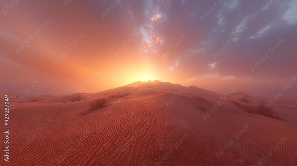 The sun descends over a desert landscape adorned with sand dunes in the foreground, and a solitary tree stands sentinel The sun descends over a desert landscape adorned with sand dunes in the foreground, and a solitary tree stands sentinel