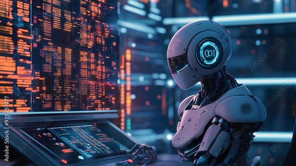 A futuristic robot interacting with a digital interface in a high-tech environment. A futuristic robot interacting with a digital interface in a high-tech environment.