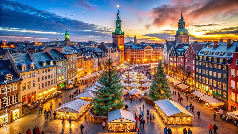 Fototapeta premium Vibrant winter scene of festive stalls and twinkling lights at a bustling Christmas market in Copenhagen, surrounded by historic architecture and joyful atmosphere.