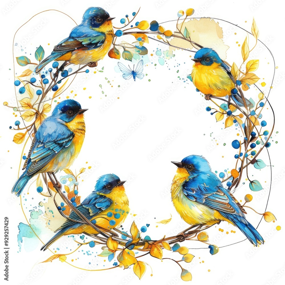 Obraz premium Watercolor Illustration of Bird Chaplet in Yellow and Blue Tones