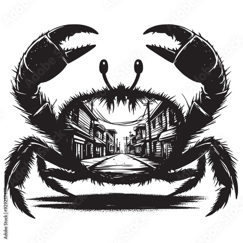 silhouette of Crab filled with ghetto street in rough drawing