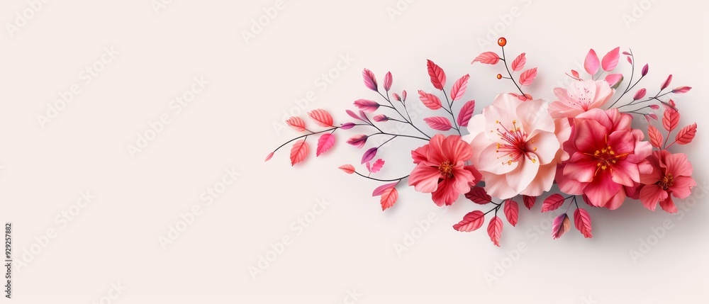 A collection of flowers arranged on a white surface, with pink and red blooms at frame center A collection of flowers arranged on a white surface, with pink and red blooms at frame center