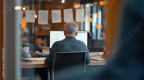 Senior IT specialist working on a desktop computer with code and graphs on screen in a modern office.