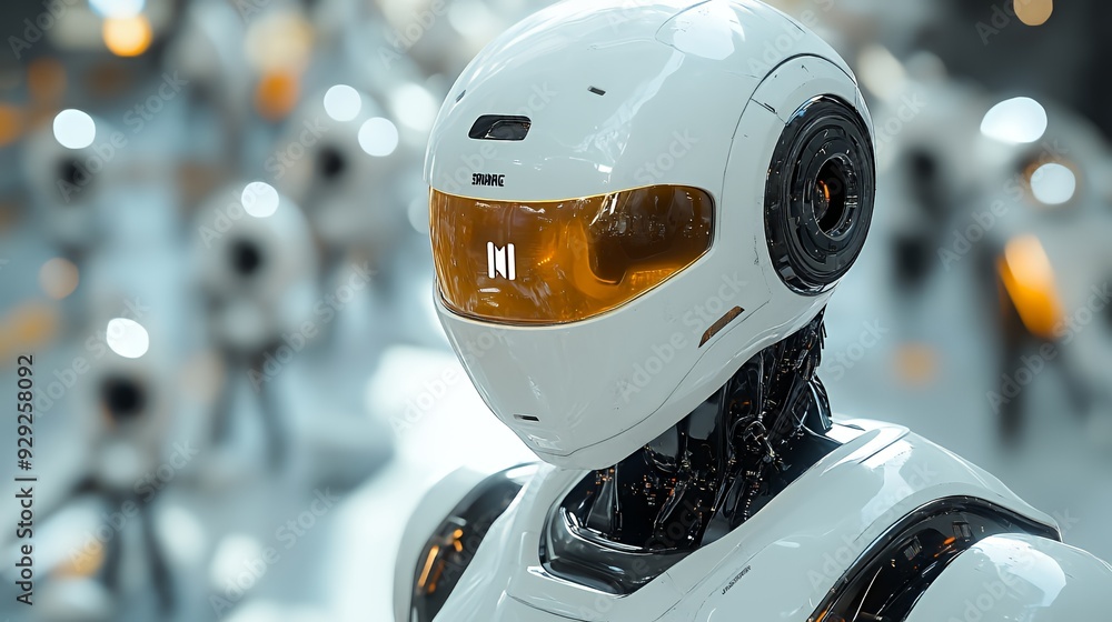 A futuristic robot with a sleek design and glowing visor, surrounded by similar robots. A futuristic robot with a sleek design and glowing visor, surrounded by similar robots.